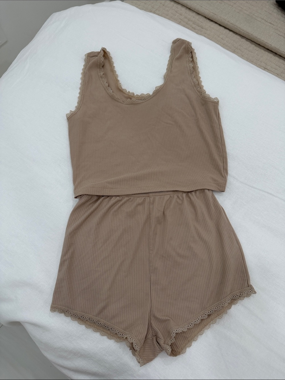 Essentials Ribbed Lace-Trim Sleep Set - Taupe Beige